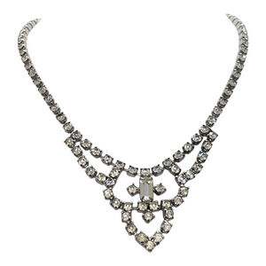 Vintage Rhinestone Bib Necklace Womens Silver Tone Clear Crystal V Drop Baguette